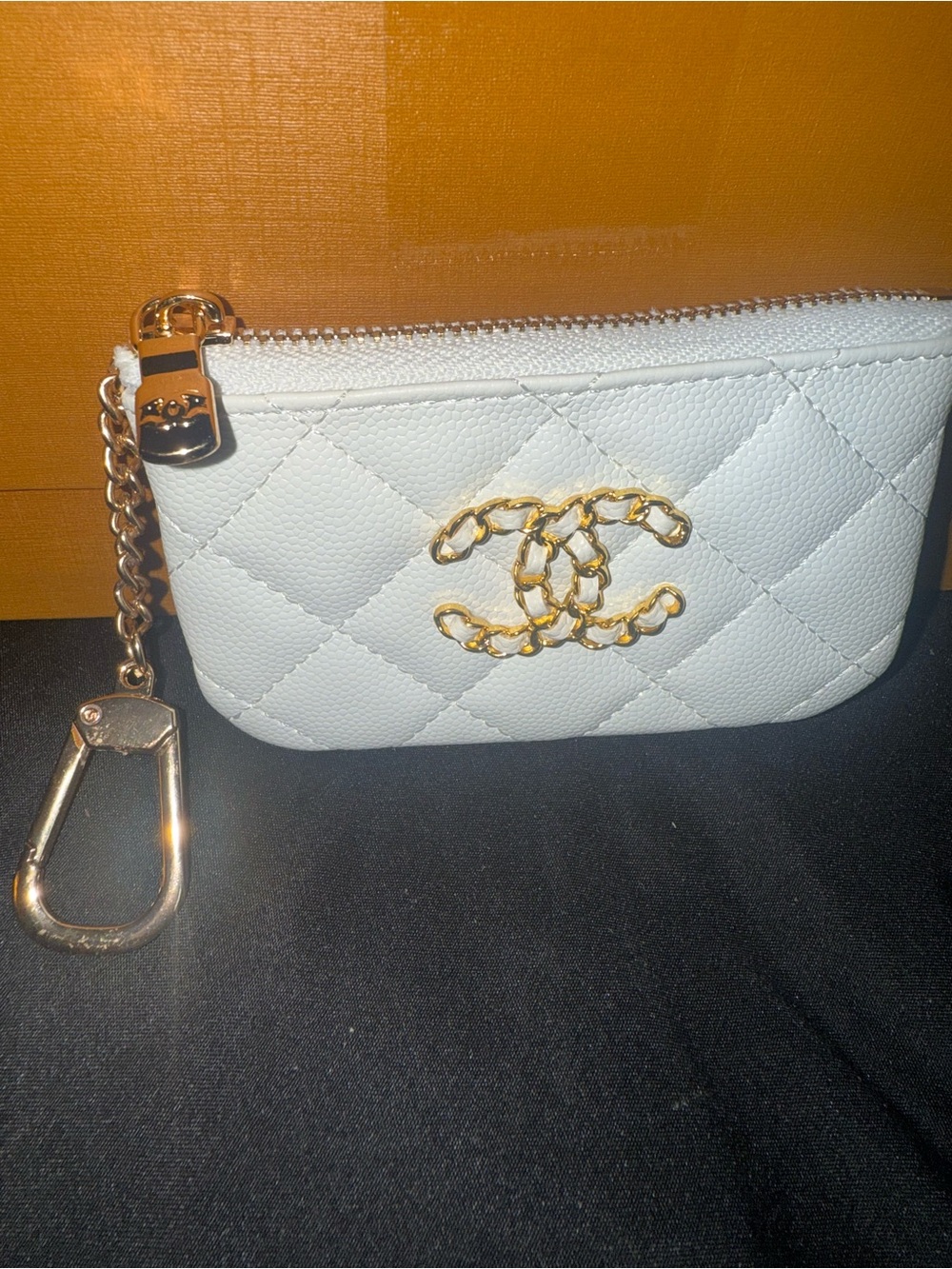White Quilted Chain-Emblem Zip Pouch Key Clasp